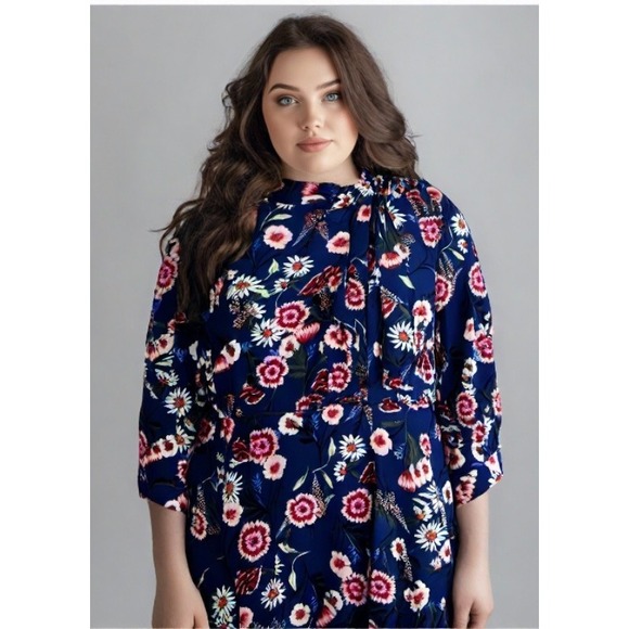 NEW Eliza J Floral Midi Dress Bow Front Balloon Long Sleeve Blue Size 2XLarge 18 - Picture 1 of 7